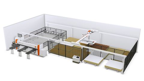 Système de stockage de plat chargé avec la scie de faisceau de pression - la version d'entrée-niveau pour les métiers Plateau de stockage STORE-MASTER by HOLZHER avec scie à panneaux TECTRA