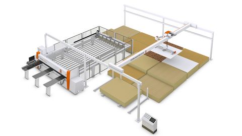 Système de stockage de plat chargé avec la scie de faisceau de pression - la version d'entrée-niveau pour les métiers Plateau de stockage STORE-MASTER by HOLZHER avec scie à panneaux TECTRA
