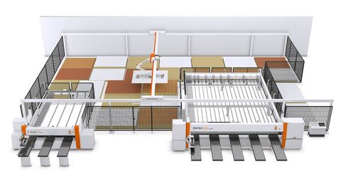 Système de stockage de plaques de HOLZHER avec des scies à panneaux horizontales comme centre de coupe Solution de stockage de plaques avec les scies à barre de pression TECTRA et ZENTREX de HOLZHER