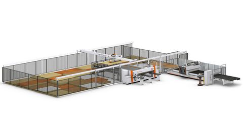 Système de stockage de plaques HOLZHER avec scie à panneaux horizontale et machine CNC à emboîter Solution de stockage STORE-MASTER avec scie à faisceau de pression et emboîtement