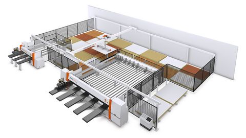 Système de stockage de plaques de HOLZHER avec des scies à panneaux horizontales comme centre de coupe Solution de stockage de plaques avec les scies à barre de pression TECTRA et ZENTREX de HOLZHER