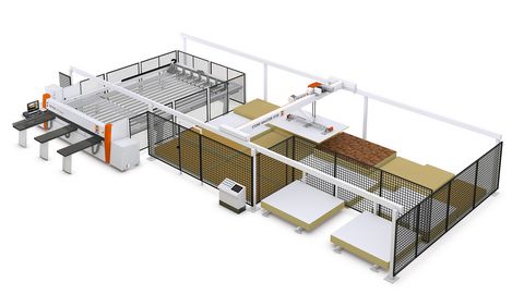 Système de stockage de plat chargé avec la scie de faisceau de pression - la version d'entrée-niveau pour les métiers Plateau de stockage STORE-MASTER by HOLZHER avec scie à panneaux TECTRA